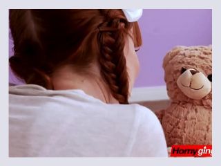 Redhead talks about her day with teddy bear before being fucked hard - teen, pussy, babe