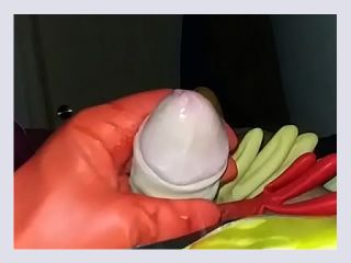 Morning wank with rubber gloves - cumshot, soloboy, rubber gloves