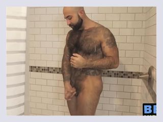 Bear washes his furry body and spanks his thick monkey - atlas grant, hardcore, tattoos