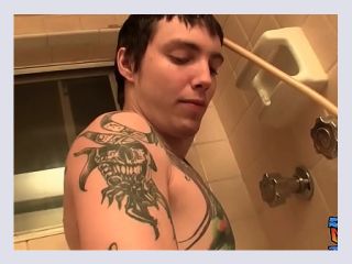 Thug with tattoos stroking his big dick in bathroom - cumshot, tattoo, masturbation
