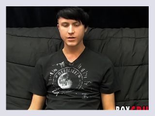 Young gay man jerks off his giant dick during an interview - cumshot, masturbation, solo