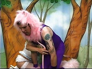 Poodle dressed man has to eat dirty soil for his busty mistress
