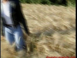 Blonde german MILF strips in cornfield