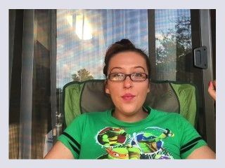 Sexy Nerdy Brunette Girl Smoking Outside in Glasses with Hair up TMNT Shirt