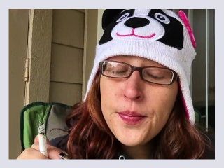 Sexy Redhead Smoking White Filter 100 Outside in Funny Beanie Hat No Makeup