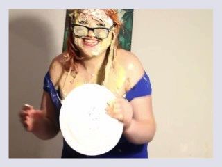 BBW gets pied multiple times in tight blue dress