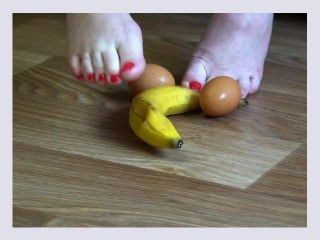 Fat legs bare feet mercilessly trampled banana and raw eggs Crush Fetish