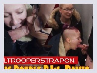Public double blowjob Mouthful of salty meatballs
