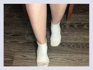 STUDENT GIRL SHOWS WHITE SOCKS AND FEET AFTER STUDYING
