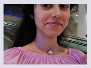 Public cumwalk at the mall Sissi goes around with her face full of sperm