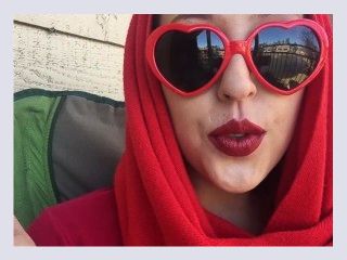 Retro Goddess D Smoking Outside in Red Heart Sunglasses and Red Scarf SFW