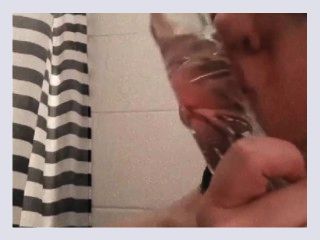 Horny teen amateur with big boobs suck glass dildo and fuck shaved pussy in shower and cum