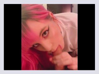 Pink Hair Girl Giving BF a Quick Blowjob