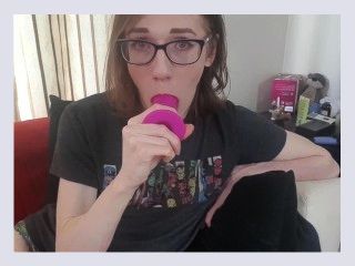 Nerdy Trans Deepthroats Dildo and Toys Herself to Huge Cumshot