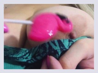 Rubbing this lollipop all over my pussy then licking it off With tit play 