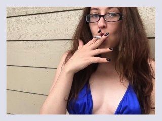 Sexy Goddess D Smoking In Tiny Blue Bikini Top Outside Wearing Glasses   Perky Tits   Long Hair