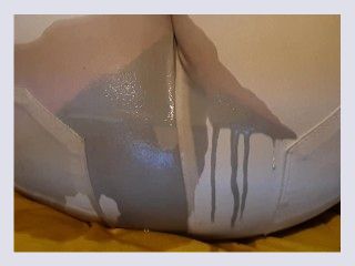 Bedwetting in pee stained white jeans Feeling lazy and wet the bed again P
