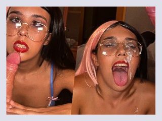 OTAKU FRECKLED girl MAKES a SLOPPY DEEPTRHOAT BJ with AHEGAO FACE  CUM ON GLASSES