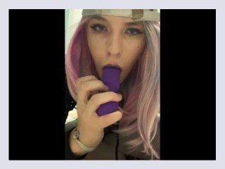 Cute young crossdresser sucks and fucks her vibrator as she cums hard for daddy