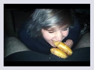 Chubby girl eats doughnuts off cock 