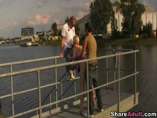 Threesome with cutie on a German river