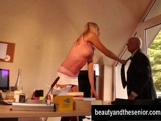 Beauty blonde teen takes an old cockb