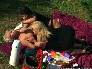 Nast grannies in hot outdoor threesome
