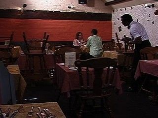 Couple fuck in the table and give the waiter his tip