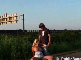 Public group sex with a hot pretty girl in broad daylight blowjob and entercorse with hunky guys