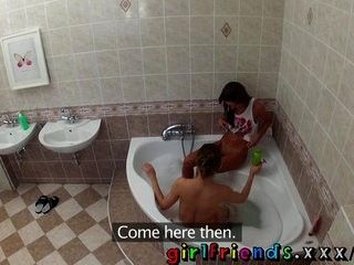 Girlfriends wash hair in bath and make hot pussy eating sextape